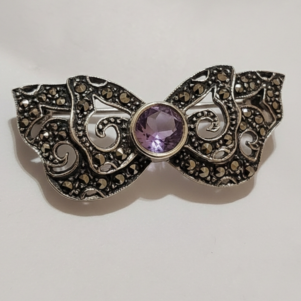 Vintage Sterling Silver Amethyst Marcasite Butterfly Brooch